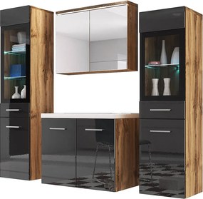 MINIO go for it, Meble łazienkowe MARIT II w kolorze dąb wotan/czarny połysk, z oświetleniem LED