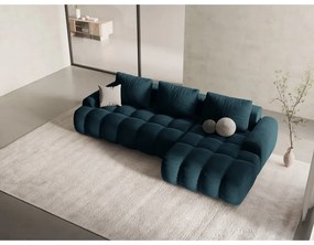 Morski aksamitny rozkładany/ze schowkiem narożnik (prawostronny/z szezlongiem) Linz – Cosmopolitan Design