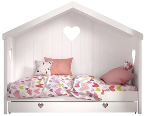 Białe łóżko dziecięce z litego drewna sosnowego w kształcie domku z wysuwanym łóżkiem ze schowkiem 90x200 cm AMORI – Vipack
