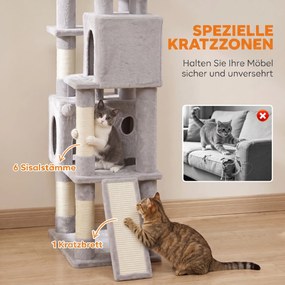 PawHut Duży drapak, 200 cm wys., 2 legowiska, 3 kryjówki, hamak, 3 piłeczki dla 1-3 kotów poniżej 6 kg, jasnoszary | Aosom PL