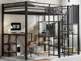 Łóżko antresolowe 120x200 cm - z biurkiem i półką - z otwartą szafą - bezpieczna drabinka 4-stopniowa - Czarne + Naturalny (bez materaca)