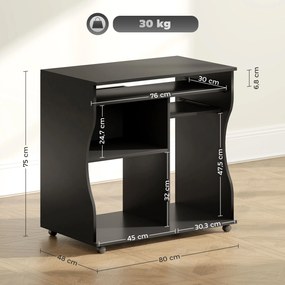 HOMCOM Biurko Komputerowe na Kółkach, z Miejscem na Przechowywanie, 80 x 48 x 75 cm, Czarne