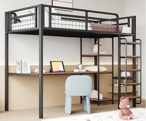 Łóżko mezzanine metalowe 90x200 cm - z biurkiem i drabiną bezpieczeństwa - Czarne