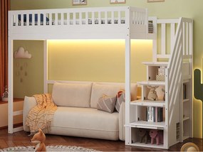 Łóżko na antresoli 90x200 cm - z drabiną bezpieczeństwa - z barierkami bezpieczeństwa - z oświetleniem LED - biały​ (materac nie jest wliczony w cenę)