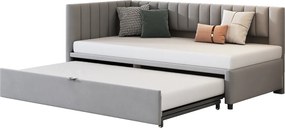 Łóżko wysuwane 90/180 x 200 cm w kształcie litery L, Sofa z funkcją spania - Aksamit - Stelaż listwowy - jasnoszary (bez materaca)