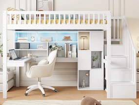 Łóżko piętrowe drewniane 90x200 cm - biurko z LED i schowkiem i drabinką - białe