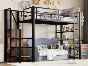 Łóżko antresolowe 90×200 cm - z drabinką bezpieczeństwa - z małą szafką - z otwartymi półkami - czarne