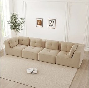 Canapé 4 places modulable, avec 6 coussins, en velours côtelé, 386x104x69cm, Beige