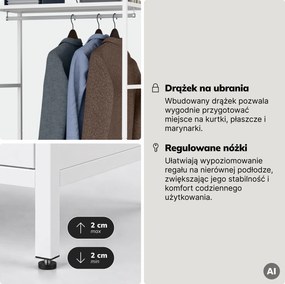 Regał biurowy otwarty z drążkiem na ubrania, do recepcji i poczekalni, metalowy, biały, 800x2200x400 mm: ARIEL