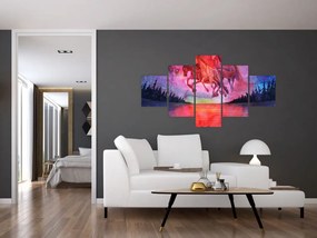 Obraz - Pojawienie się kosmicznych koni nad jeziorem, akwarela (125x70 cm)