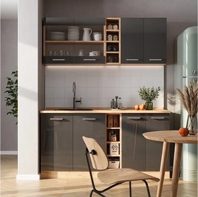 Pojedyncza kuchnia antracytowy wysoki połysk/złoty dąb power 160x60x81.6 r-line