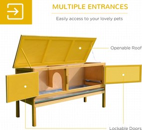 PawHut Domek dla królików z drewna z otwieranym dachem, 2 drzwiami, wysuwaną podstawą, 115x44,3x65 cm Jasnożółty | Aosom PL