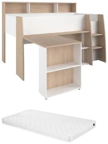 Łóżko piętrowe 90 x 200 cm z biurkiem i schowkami - Biały i naturalny + Materac - APOLINO