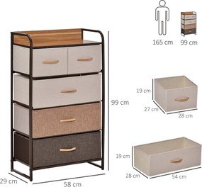 HOMCOM Komoda z 5 składanymi szufladami z tkaniny, półka, stabilna stalowa rama, 58 x 29 x 99 cm
