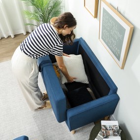 HOMCOM Sofa dwuosobowa z schowkiem, pikowane oparcie, nogi z drewna kauczukowego — 117x62x78 cm, niebieska