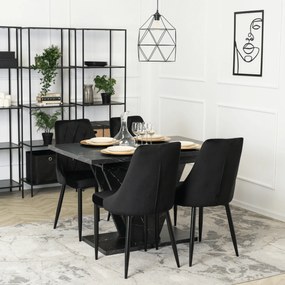 Zestaw Stół Prostokątny Rozkładany CLARK 120-160 cm Czarny Marmur i 4 Krzesła Tapicerowane CORK Czarne Welurowe Loft