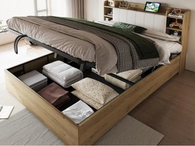 Drewniane łóżko ze schowkiem 180 x 200 cm - Wezgłowie z miejscem do przechowywania - Port USB + port Type-C - naturalny​ (bez materaca)