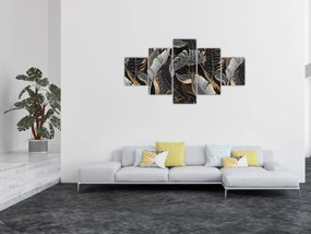 Obraz - Tropikalne liście w kolorze czarno - złotym (125x70 cm)