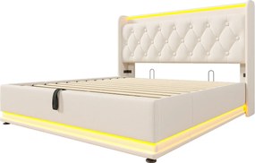 Łóżko 140x200 cm z pojemnikiem - Łóżko dla dorosłych z ładowaniem USB i oświetleniem LED - Biały PU - Bez materaca