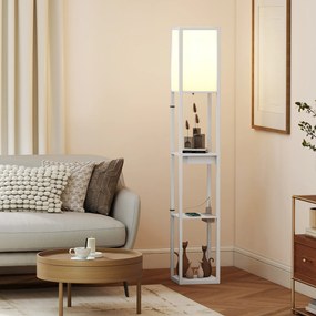 HOMCOM Lampa stojąca z 3-poziomowym regałem, przełącznik nożny, porty USB, MDF, Biała | Aosom PL