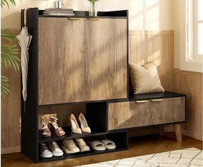 Szafa na buty 80x35x113 cm - z obrotowym krzesłem - 4 fronty - Nogi z litego drewna - Czarny + kolor naturalny