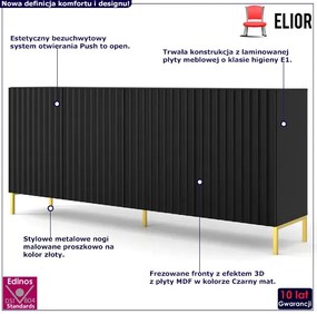 Lamelowa czarna komoda 200 cm na złotych nogach - Dixter 3X