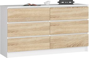 Komoda AKORD K140 Biała 138 cm 6 szuflad kolor Dąb Sonoma mat 138x40x77 cm