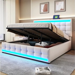 Łóżko z pojemnikiem 180 x 200 cm - Łóżko dla dzieci z ładowaniem USB i oświetleniem LED - beżowy len - bez materaca
