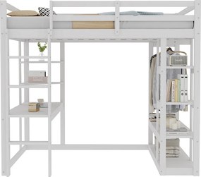 Łóżko piętrowe dla dzieci - 140 x 200 cm - z drabinką + stolik + półki + wieszaki - drewno + płyta MDF - białe