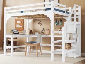 Łóżko mezzanine 140x200cm z drewna - z biurkiem, szafą i stelażem na materac - Białe