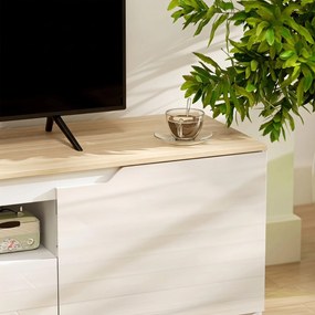HOMCOM Lowboard TV, wysoki połysk, dla telewizorów do 165 cm, 3 schowki, szuflada, 160 x 38 x 43 cm, naturalne drewno | Aosom PL