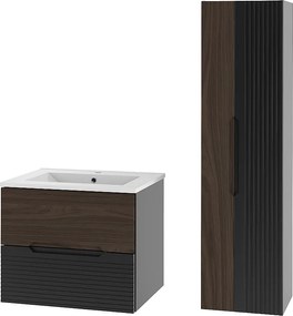 Zestaw Łazienkowy 60cm Szafka z Umywalką Słupek Czarny Mat / Orzech Avella