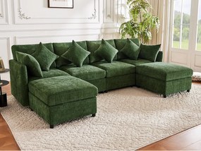 Nowoczesna kanapa - 4 osoby - przekształcalna w U i L - z 2 podnóżkami + 6 poduszkami - tkanina chenille - zielony