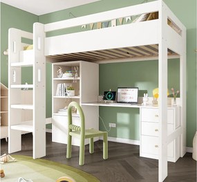 Łóżko mezzanine 90x200 cm - z drabinką bezpieczeństwa 4 stopnie - z biurkiem - z półką - z barierkami bezpieczeństwa - białe (bez materaca)
