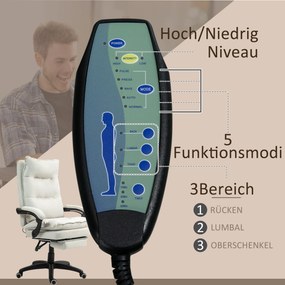 Vinsetto Krzesło Biurowe z Masażem, Fotel do Pracy z Funkcją Masażu, Regulowany Ergonomiczny Fotel Obrotowy, Nylon, Kremowy