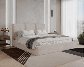 Łóżko tapicerowane 160x200 Mira boucle – łóżko z pojemnikiem na pościel i stelażem drewnianym, nowoczesne łóżko do sypialni, tkanina boucle – Beżowy