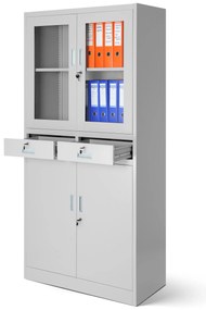 Biurowa przeszklona szafa metalowa na akta z szufladami EDMUND, 900 x 1850 x 400 mm, szara