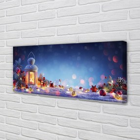 Obraz na płótnie Lampion, Śnieg, Gałązki i Bombki