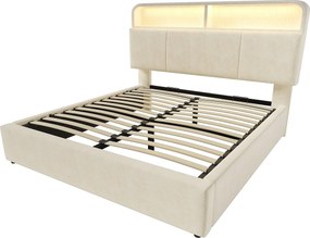 Tapicerowane łóżko z pojemnikiem 180x200 cm - z oświetleniem LED - z portami USB i Type-C - z regulowanym wezgłowiem - welur - Beżowy