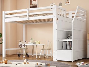 Łóżko piętrowe drewniane 90x200 cm - z barierkami i schodkami do przechowywania - białe