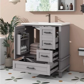 Stojąca szafka pod umywalkę pojedynczą - 76 x 46 x 83,5 cm - z umywalką ceramiczną - ze schowkiem - Ceramika + MDF - szara (Bateria nie jest dołączona)