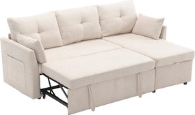 Beżowa, pluszowa, rozkładana sofa narożna z pojemnikiem na pościel i wysuwanym szezlongiem – do salonu lub pracowni