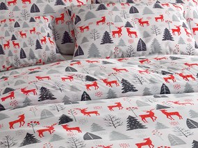 PrzytulneMieszkanie.pl PrzytulneMieszkanie.pl Flanelowa pościel RED DEERS AND TREES biała Rozmiar pościeli: 70 x 90 cm | 140 x 200 cm