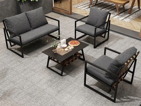 Zestaw mebli ogrodowych ze stali ocynkowanej 4-osobowy: 1 sofa + 2 krzesła + 1 stolik kawowy z 2 półkami - 7 poduszek na siedziska i oparcia - czarny