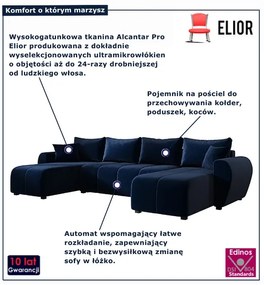 Granatowy rozkładany narożnik welurowy w kształcie U W2-D85