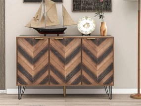 Komoda niska z 3 drzwiami - do kuchni i salonu - drewno i metal - styl vintage - brąz