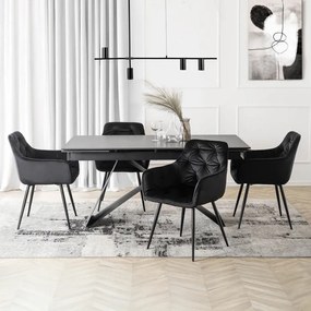 Zestaw Stół Prostokątny Rozkładany VICTOR 160-240 cm Czarny Marmur i 4 Krzesła MODESTO Czarne Welurowe Nowoczesne