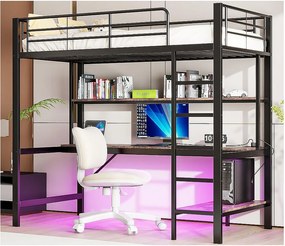 Łóżko mezzanine 90x200 cm - z barierkami - z drabiną - z USB i gniazdkami - z oświetleniem LED - z biurkiem + wielopoziomowymi półkami - czarne (bez materaca)