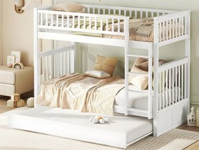 Łóżko piętrowe 2x90x200cm z łóżkiem wysuwanym 90x190cm - z barierką i schodami - Białe