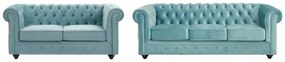 Kanapy 3-osobowa i 2-osobowa z weluru w kolorze pastelowym niebieskim CHESTERFIELD